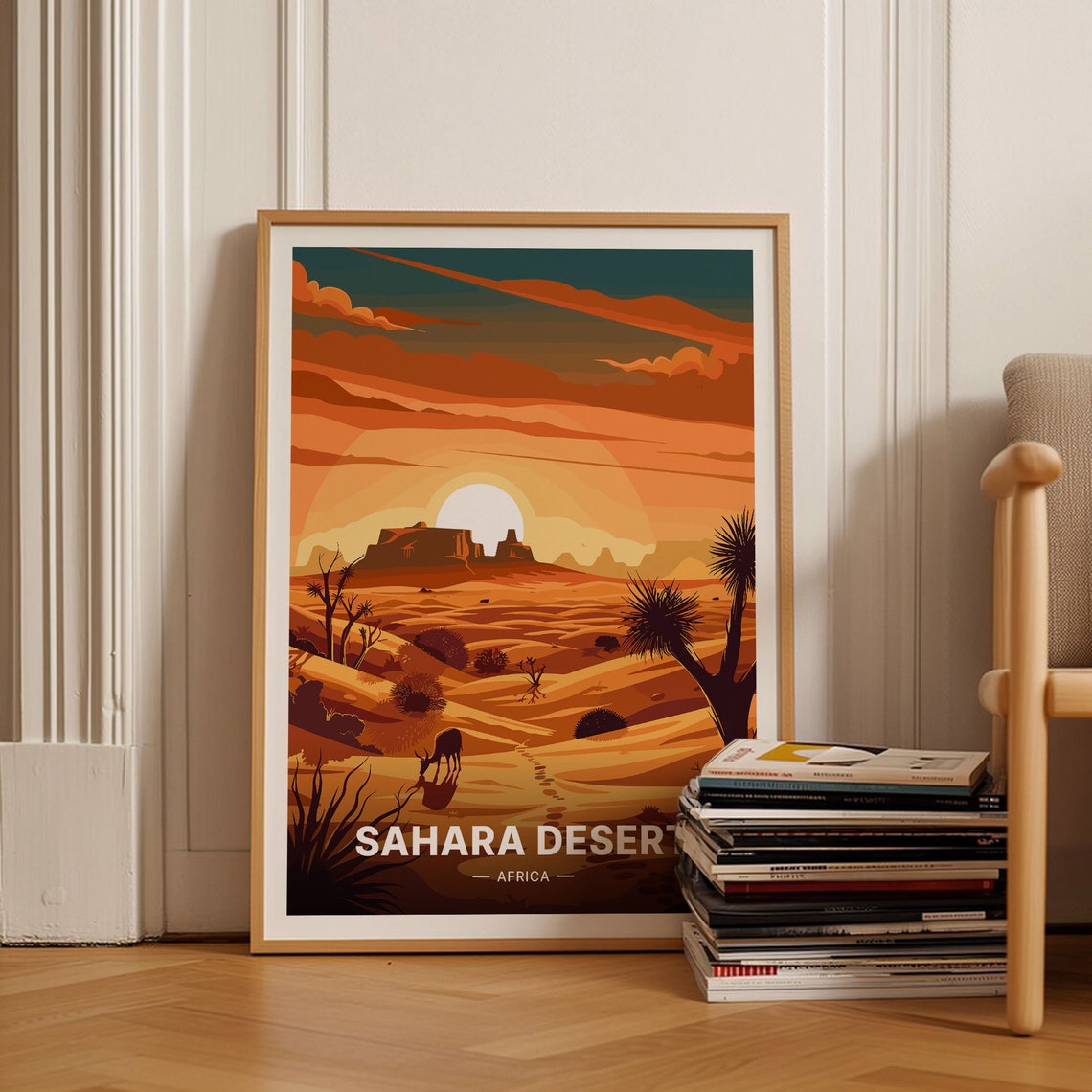 Sahara Desert Africa Dunes Camel Sunset Golden Landscape Poster