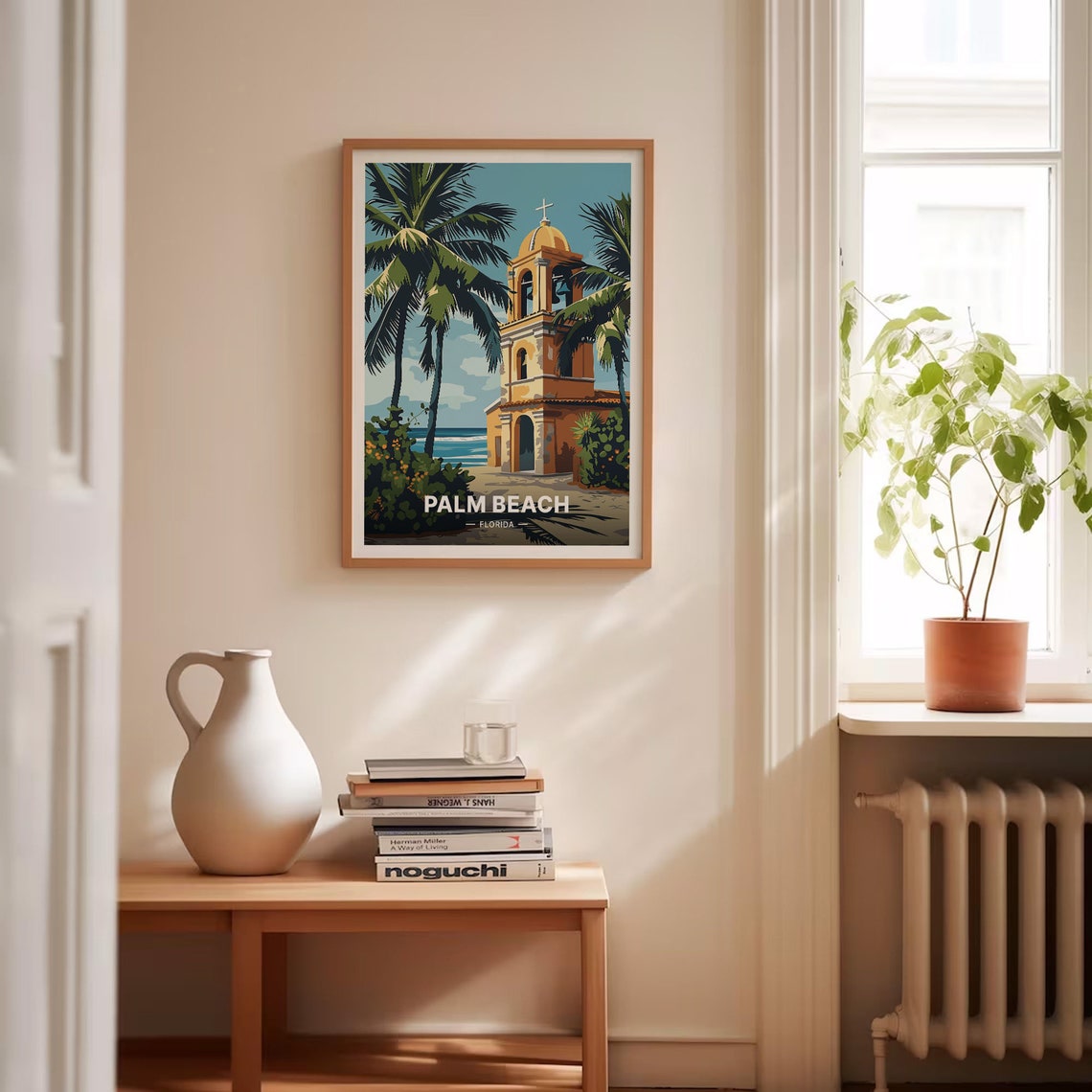Palm Beach Florida Travel Poster Spanish Mission Tower Palm Trees Art - Image 4