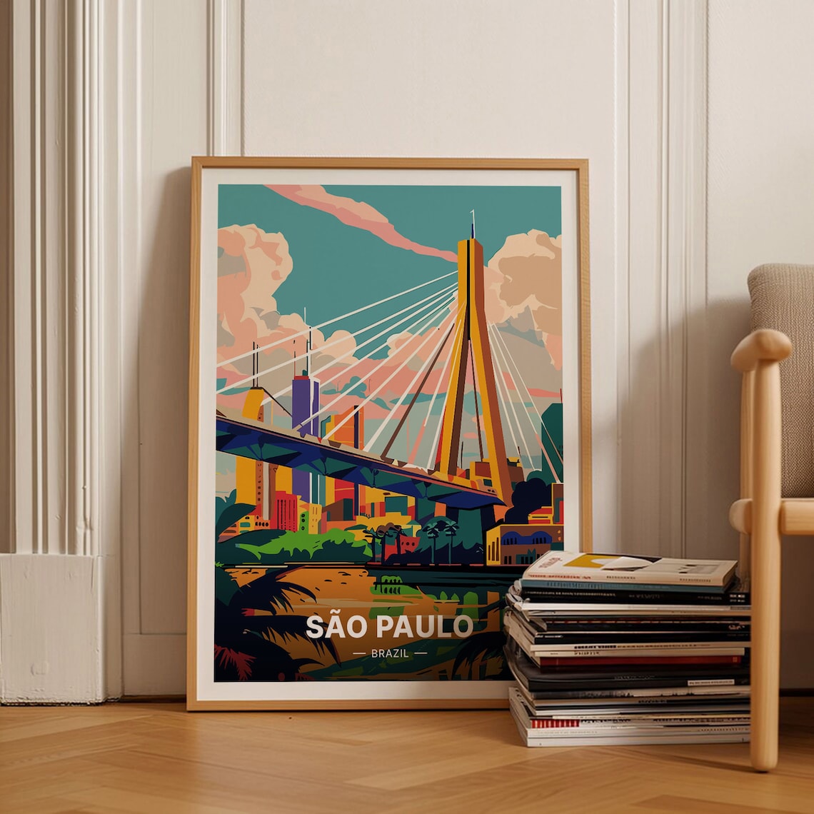 Sao Paulo Brazil Cable Stayed Bridge Modern City Skyline Travel Poster