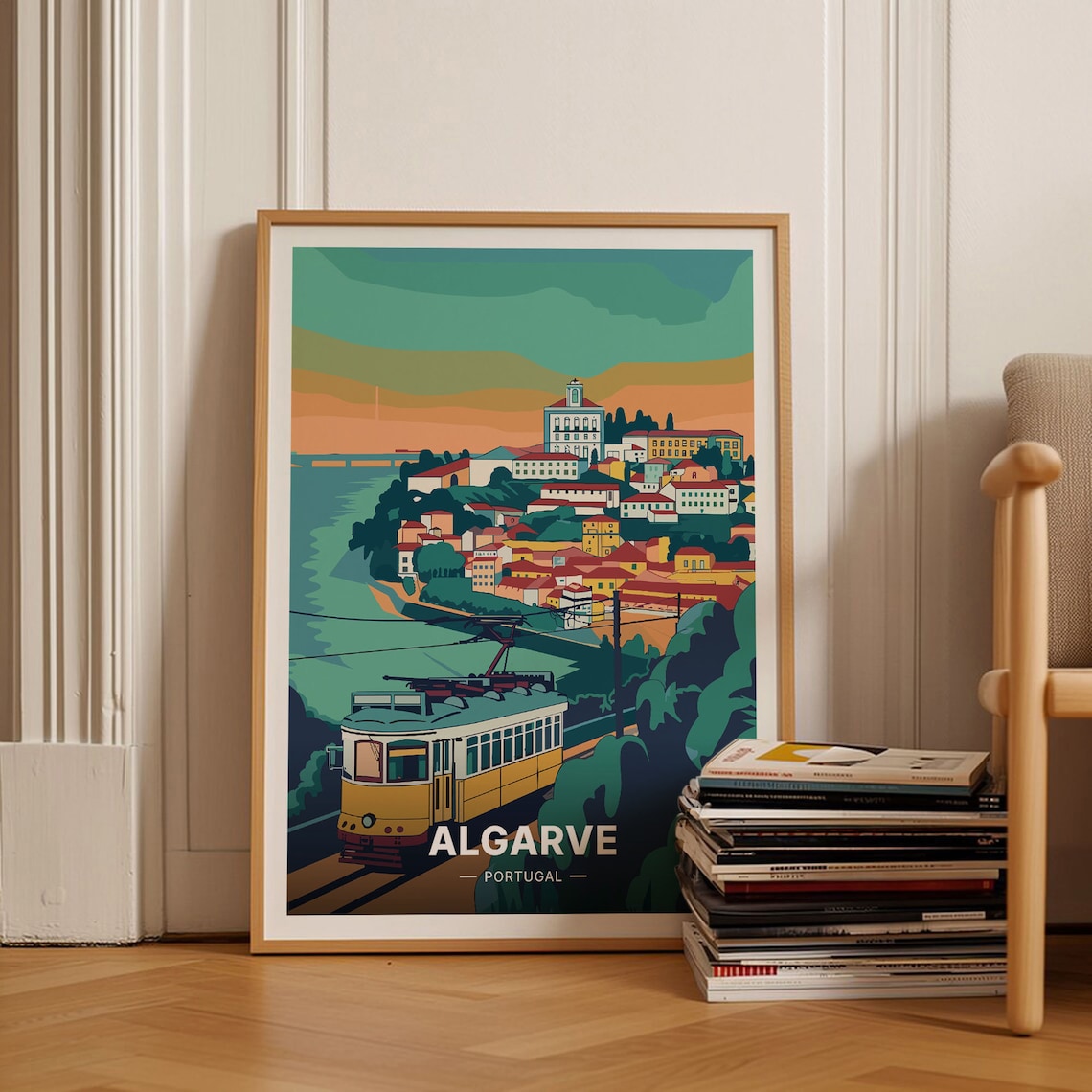 Algarve Portugal Vintage Travel Poster Yellow Tram Hillside Town Art