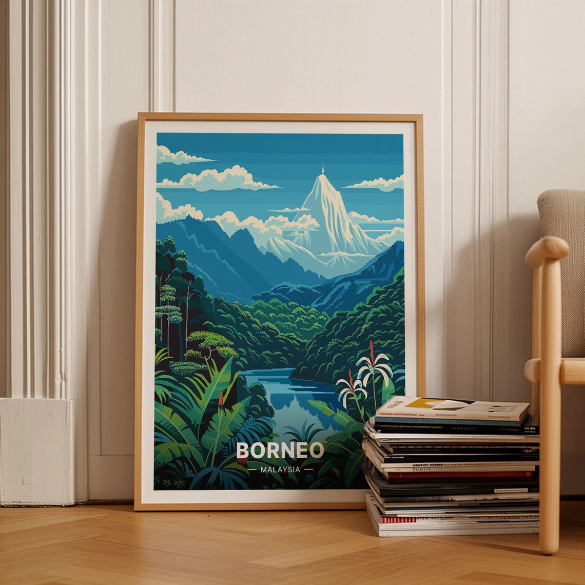 Borneo Malaysia Rainforest River Snow Capped Peak Jungle Travel Poster