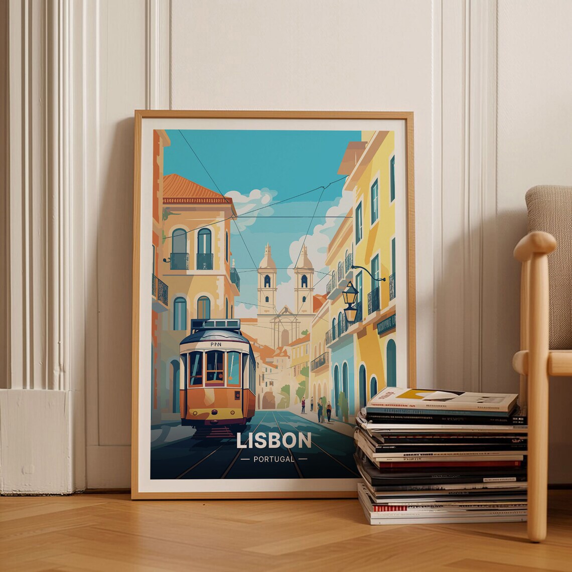 Lisbon Portugal Vintage Yellow Tram Old Town Street Travel Poster