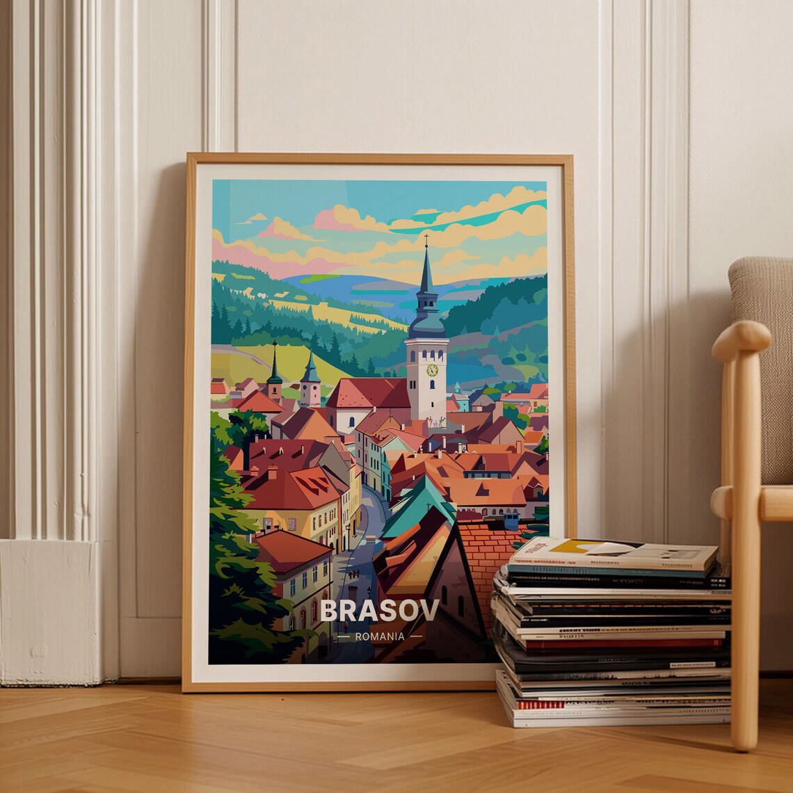 Brasov Romania Travel Poster, Mid-Century Modern Art Print