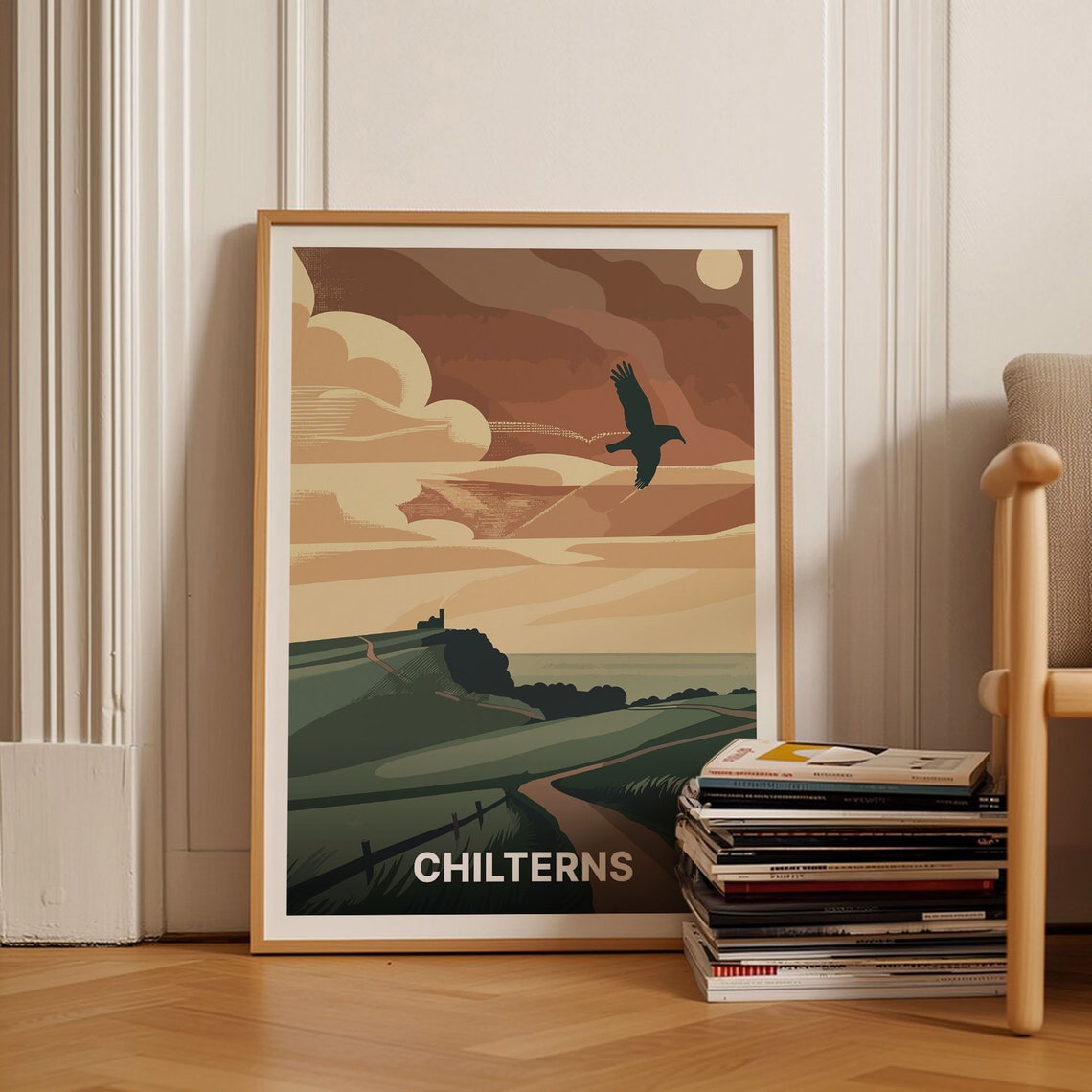 Chilterns Hills Countryside Red Kite Sunset Vintage Travel Poster
