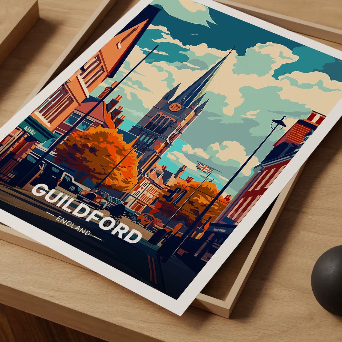 Guildford England Church Spire High Street Autumn Illustrated Poster - Image 3