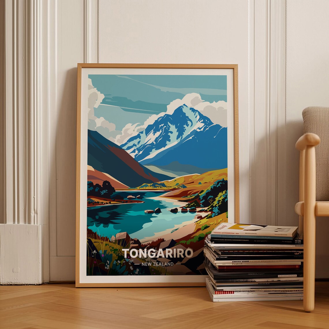 Tongariro New Zealand Snowy Peak Lake Alpine Vintage Travel Poster