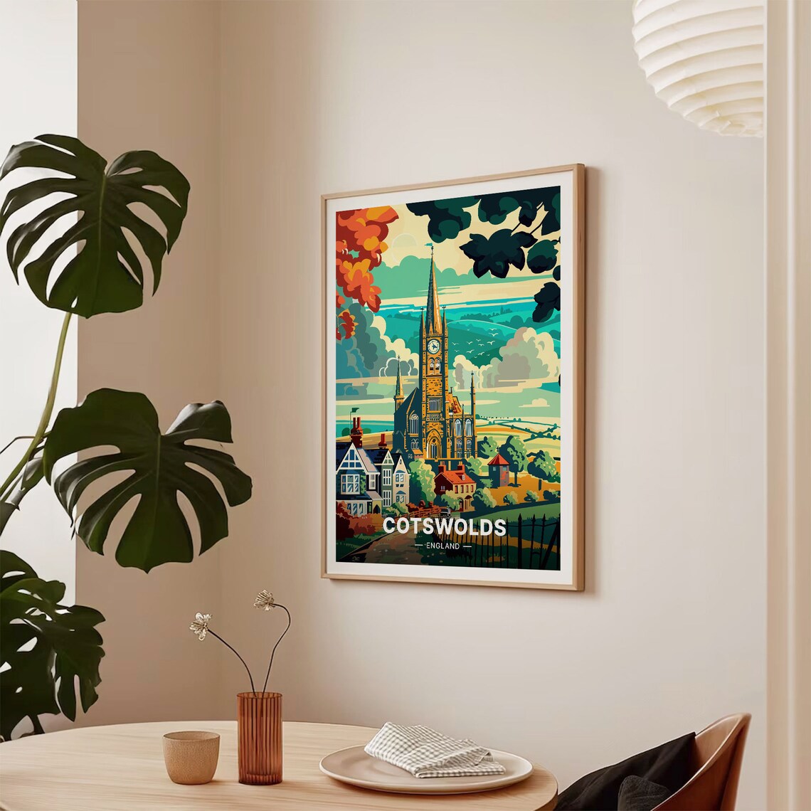 Cotswolds England Travel Poster Village Church Rolling Hills Art - Image 2