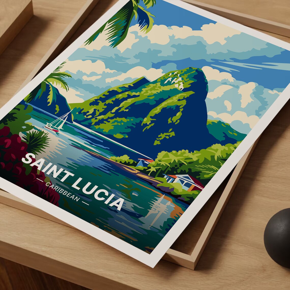 Saint Lucia Caribbean Vintage Travel Poster Twin Peaks Sailboat Art - Image 3