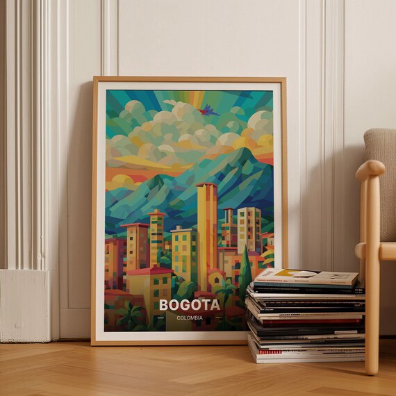 Bogota Colombia City Towers Green Mountains Vintage Retro Travel Poster