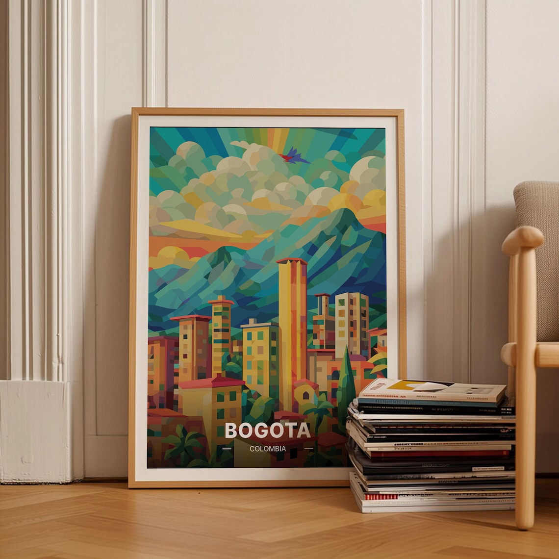 Bogota Colombia City Towers Green Mountains Vintage Retro Travel Poster