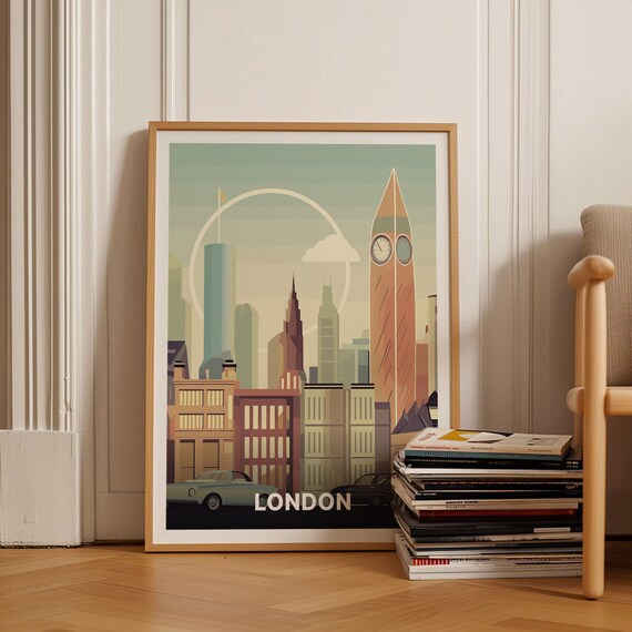 London Skyline Clock Tower Classic Car Retro Cityscape Travel Poster