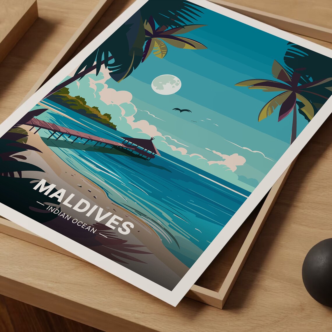 Maldives Indian Ocean Moonlit Beach Pier Palms Tropical Travel Poster - Image 3