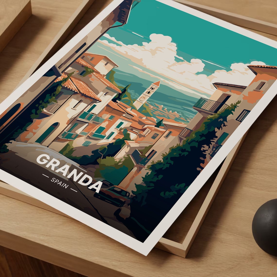 Granda Spain Hillside Old Town Bell Tower View Travel Poster - Image 3