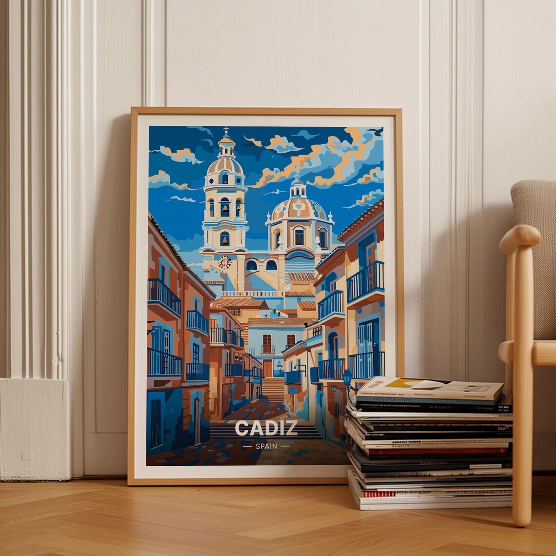 Cadiz Spain Travel Poster Cathedral Towers Old Town Blue Streets Art