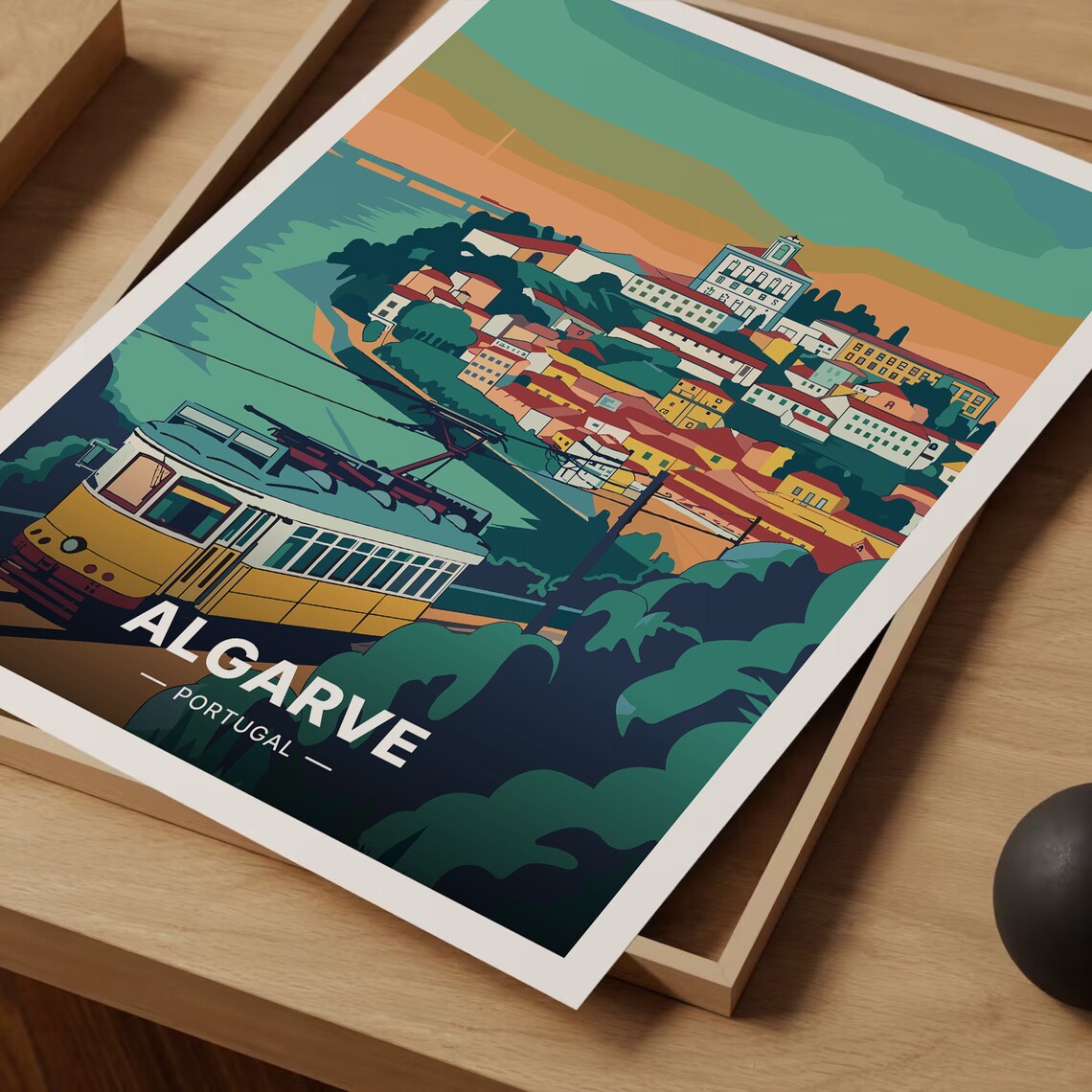 Algarve Portugal Vintage Travel Poster Yellow Tram Hillside Town Art - Image 3