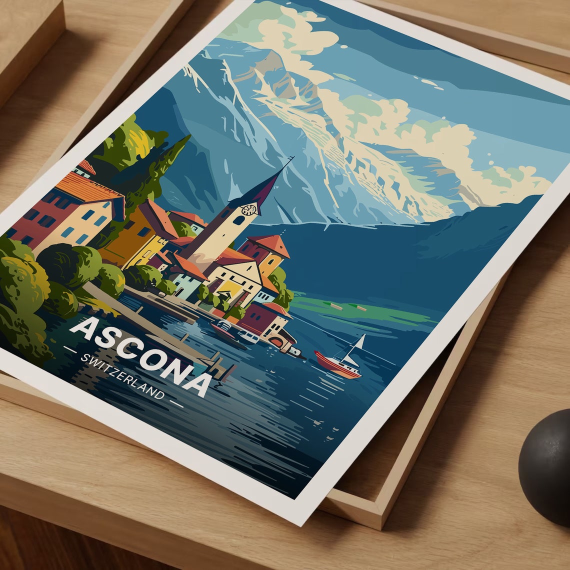 Ascona Switzerland Poster Lakeside Village Church Mountain Art - Image 3