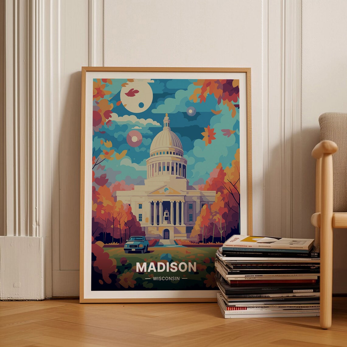 Madison Wisconsin State Capitol Dome Autumn Foliage Travel Poster