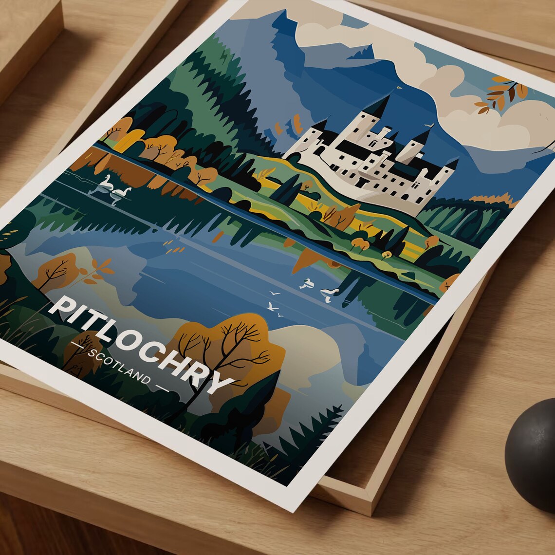 Pitlochry Scotland Poster Castle Loch Swans Autumn Colors Art - Image 3