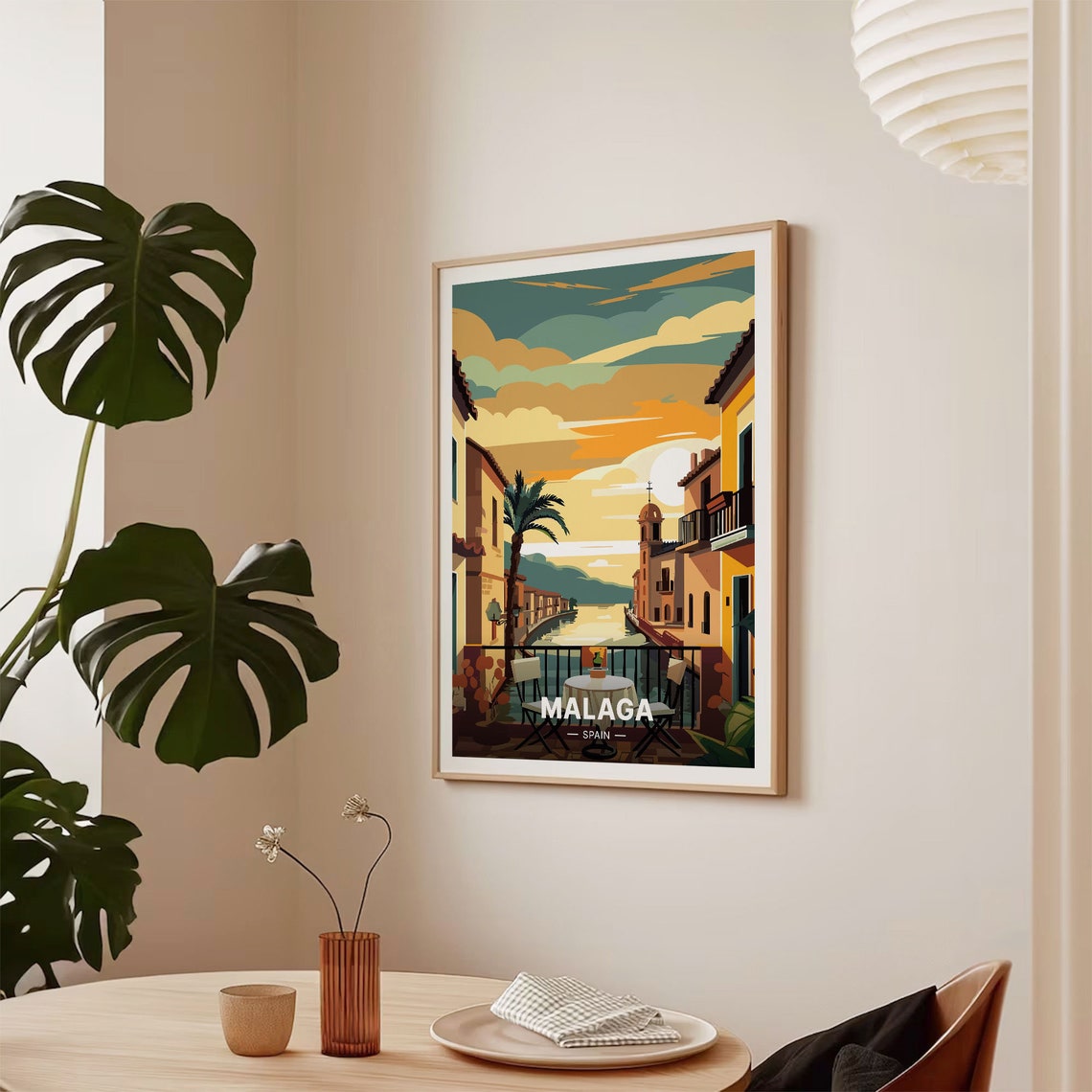 Malaga Spain Travel Poster Balcony Cafe Sunset Harbor Palm Art - Image 2
