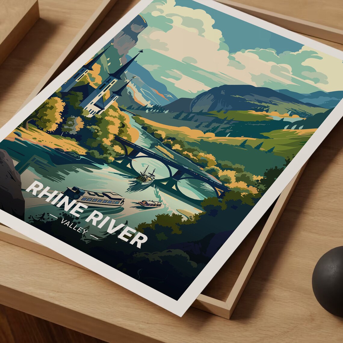 Rhine River Valley Travel Poster, Germany Scenic Landscape - Image 3