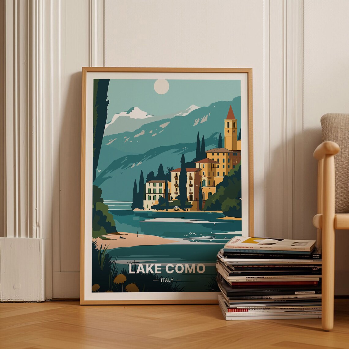 Lake Como Italy Lakeside Villa Mountains Sunset Travel Poster