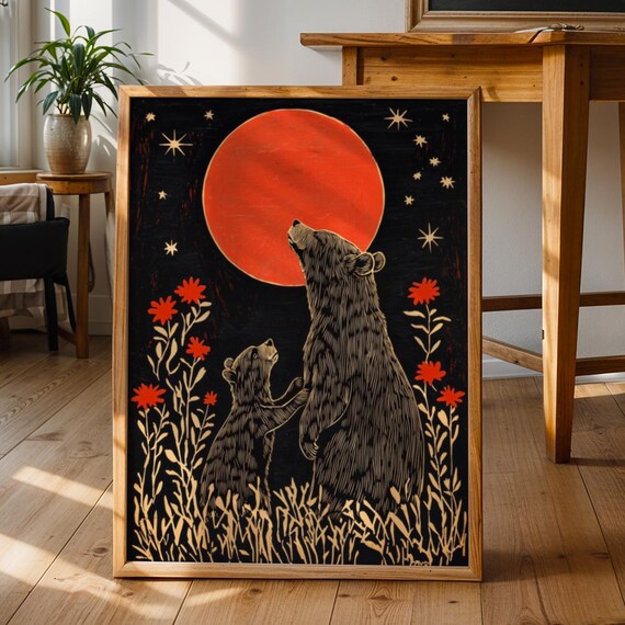 Black Bear Folk Art Printswoodland Nature Wall Artfolk Artrustic Downloadnature Print Vintage Floral Printbotanical