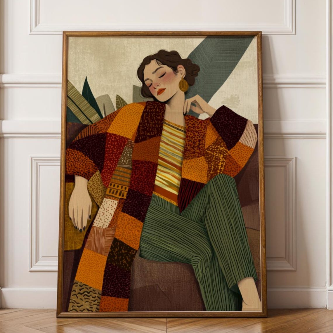 Autumn Woman in Patchwork Kimono Boho Fashion Illustration Print