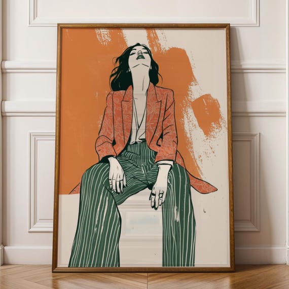 Emerald Green And Orange Woman Portrait Painting Modern Fashion Illustration