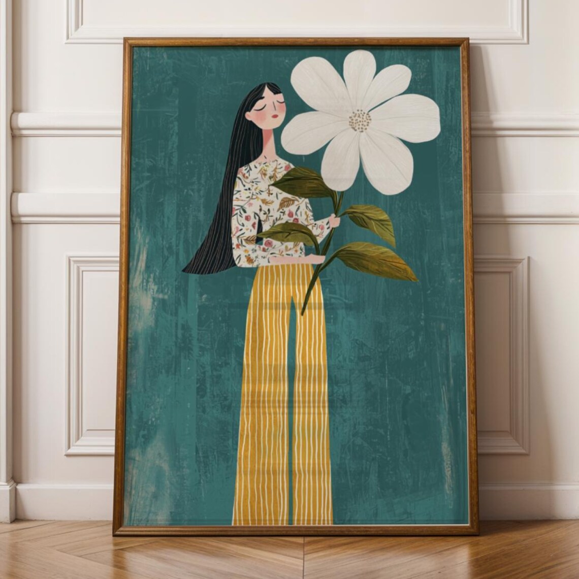 Woman Holding Giant White Flower Teal Background Botanical Art Print