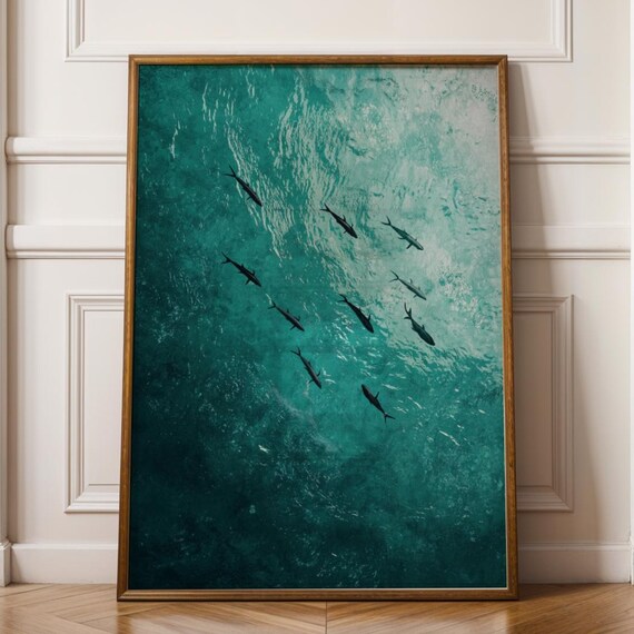 Turquoise Fish Swimming Abstract Art Print Coastal Home Decor