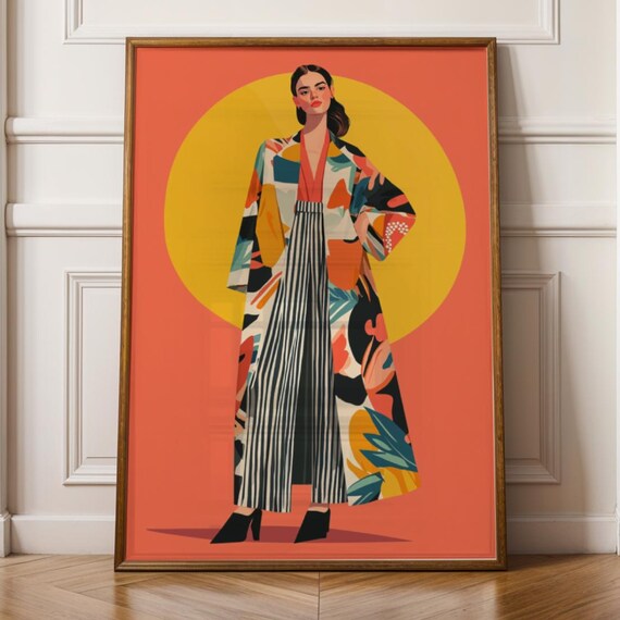 Fashion Woman with Bold Yellow Sun Disc Coral Modern Art Print