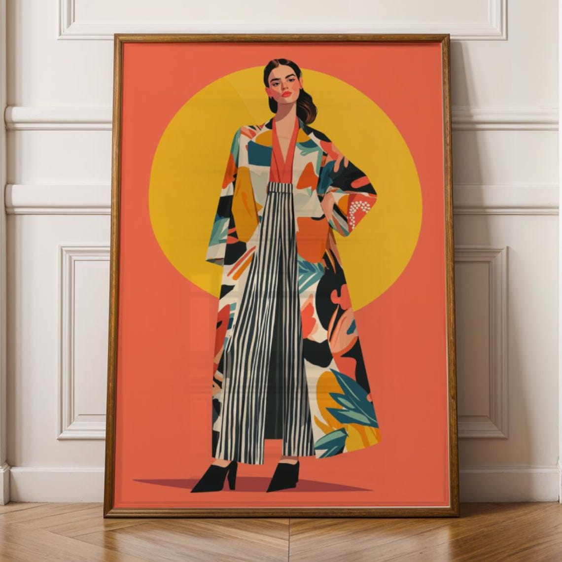 Fashion Woman with Bold Yellow Sun Disc Coral Modern Art Print