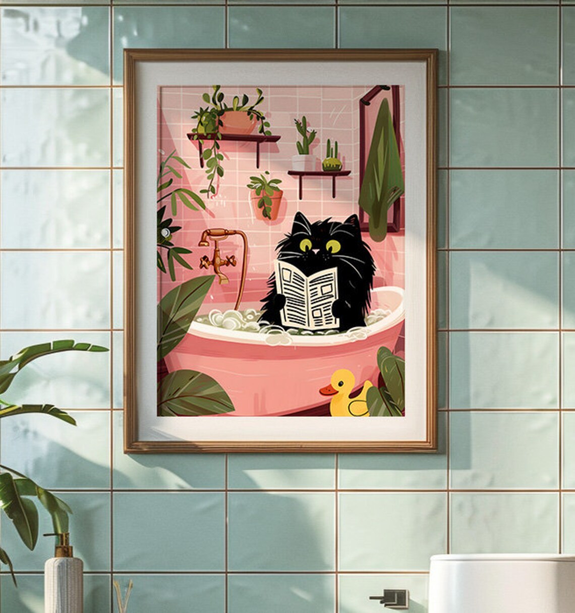 Bathroom Cat Reading Newspaper, Vintage Maximalist Art Print - Image 3