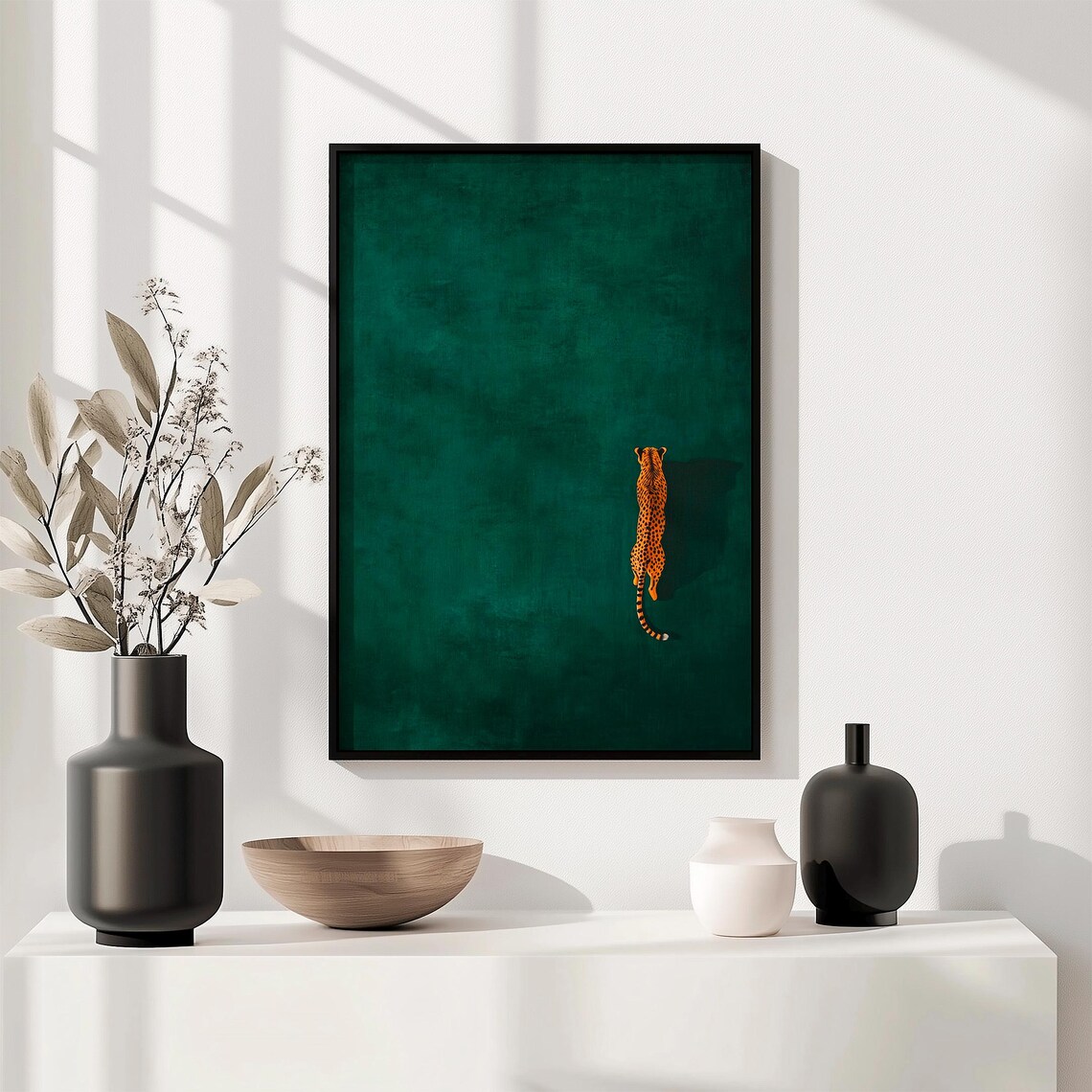 Minimalist Cheetah Wall Art Emerald Green Jungle Animal Print Walking Leopard Poster Focus Decor For Modern Office Or Goal Driven Space