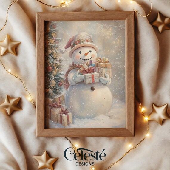 Cheerful Snowman With Stacked Gifts Beside Christmas Tree Poster