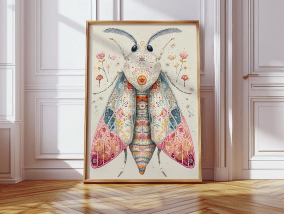 Floral Moth Art Print Whimsical Boho Insect Wall Decor