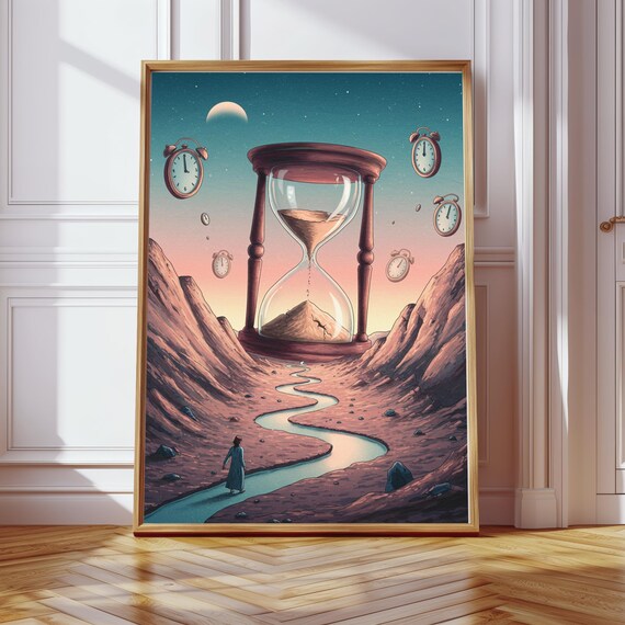 Surreal Hourglass Illustration Melting Clocks In Dreamlike Landscape Timethemed Wall Art Print