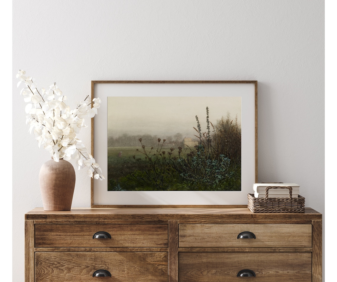 Misty Morning Vintage Field Landscape Art Print - Image 3
