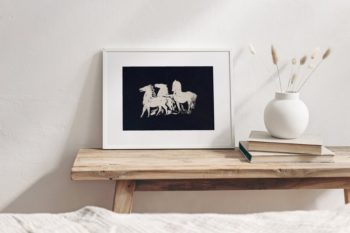 Three White Horses Vintage Minimalist Art Print - Image 3