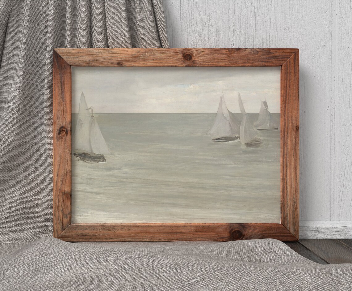 Silver Sea Sailboats Pale Green Tonal Minimalist Seascape Painting Poster - Image 3