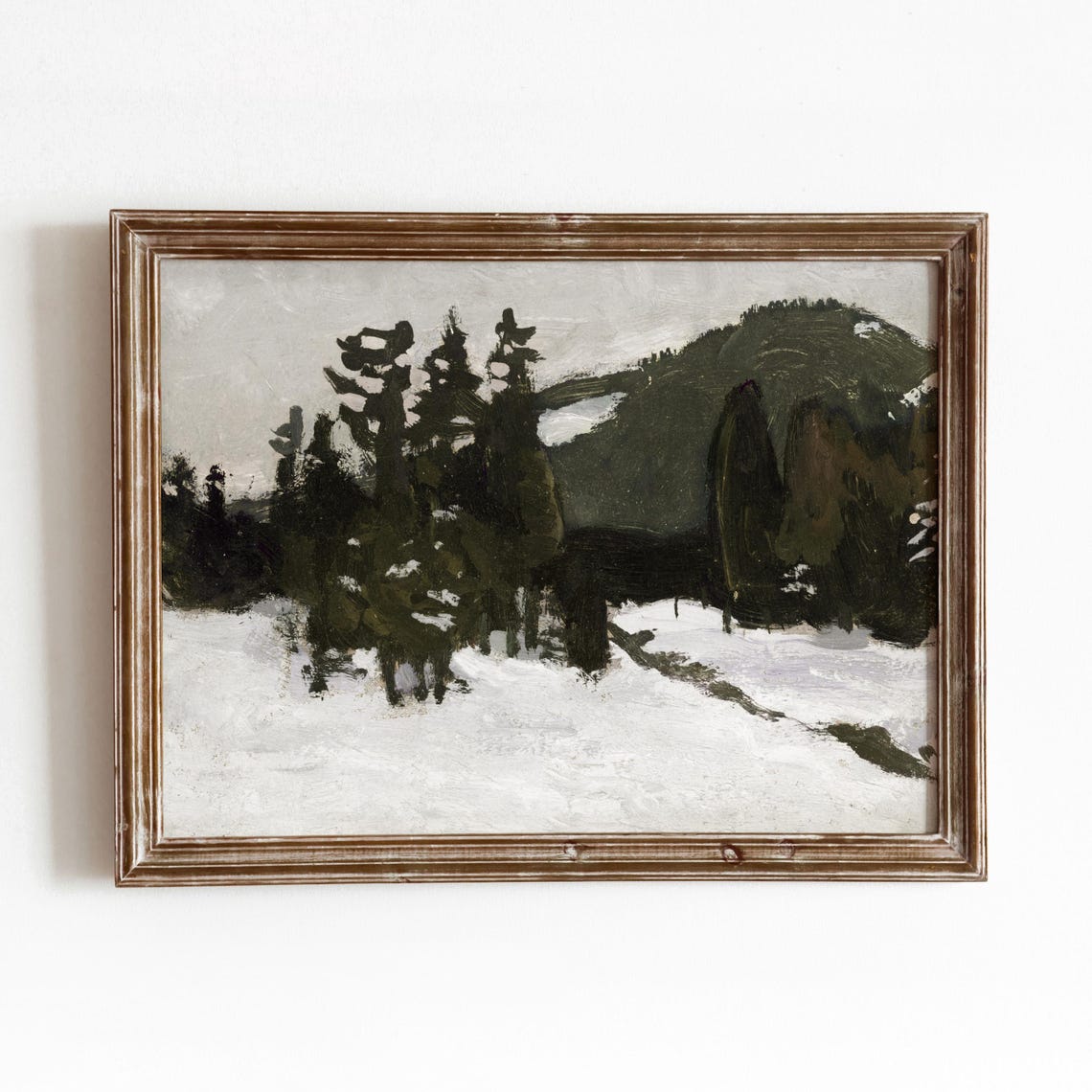 Snowy Evergreen Forest Mountain Vintage Winter Nature Painting Poster