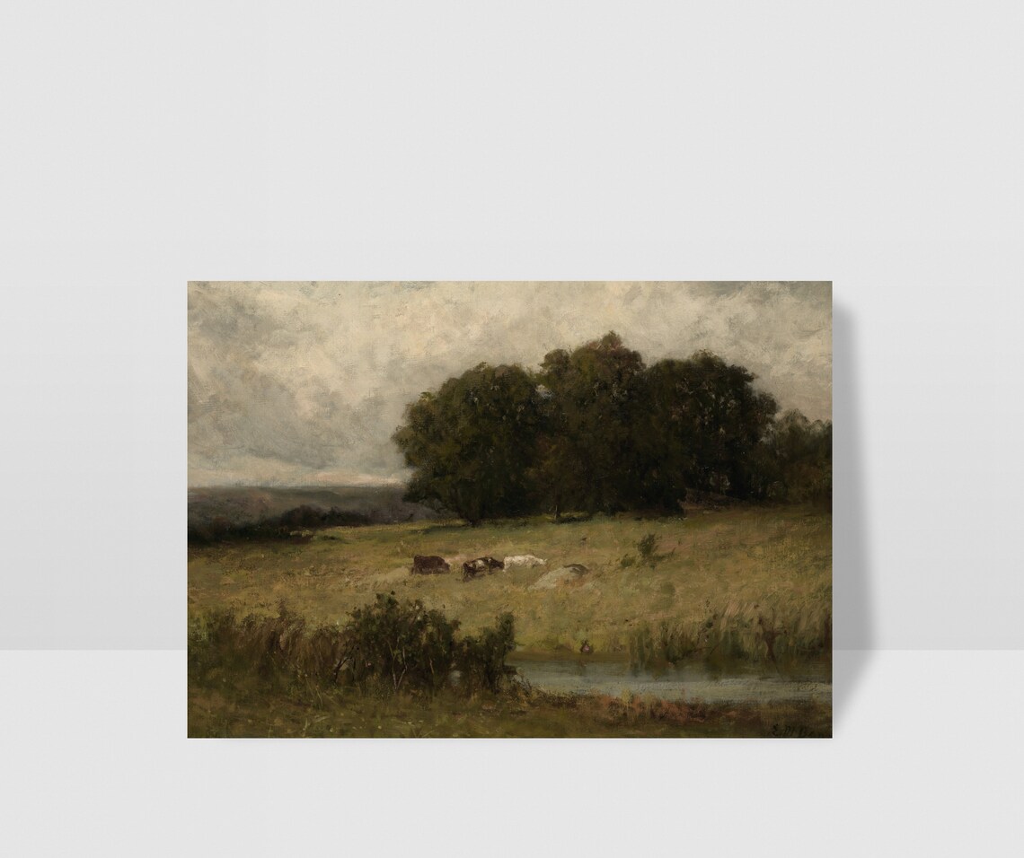Grazing Cows Near Stream, Vintage Farmhouse Art Print - Image 4