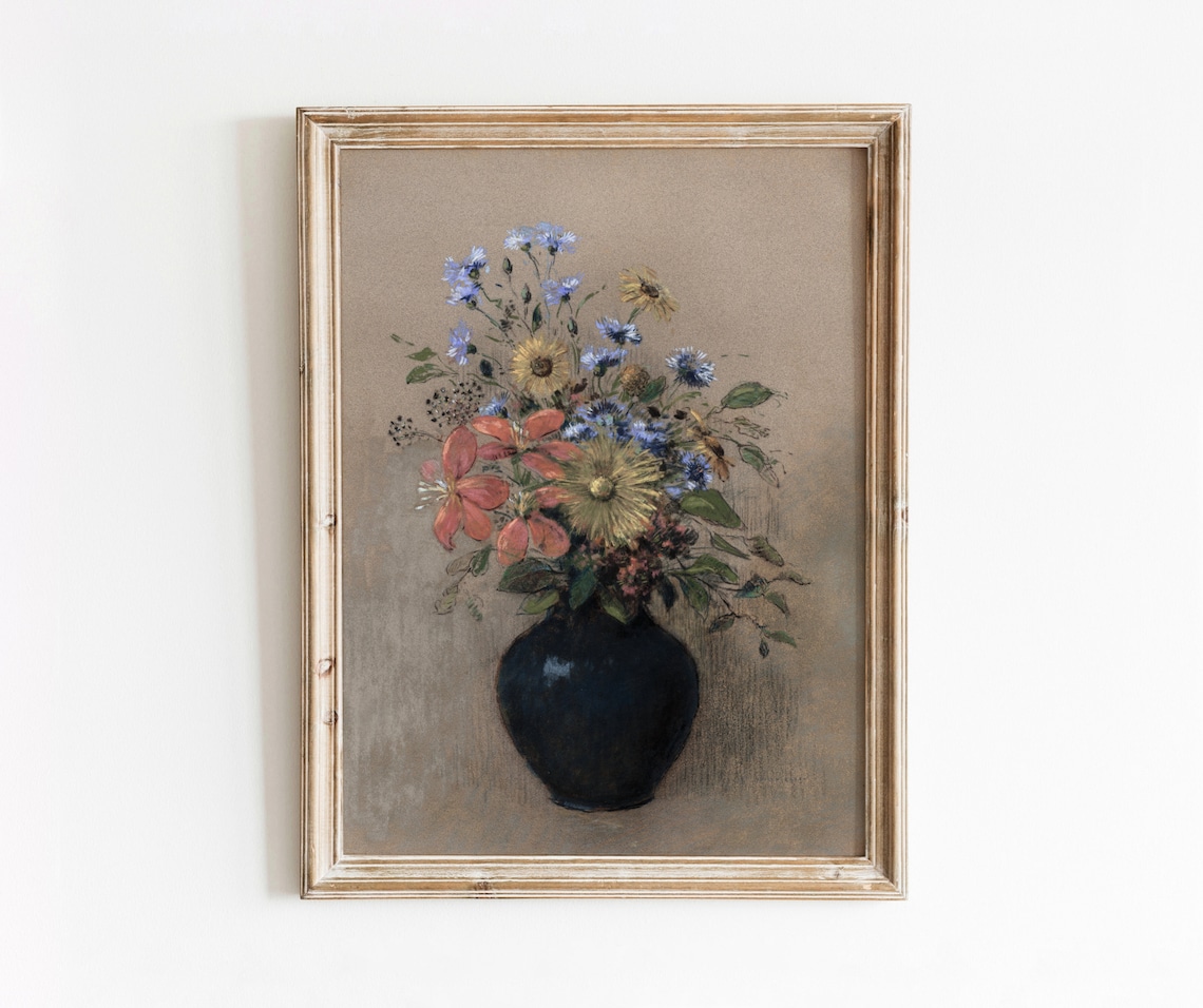 Wildflowers Vintage Floral Vase Art Print, Neutral Decor