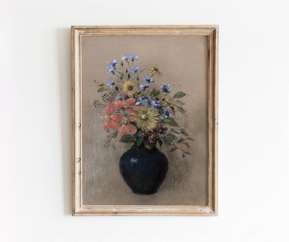 Wildflowers Vintage Floral Vase Art Print, Neutral Decor