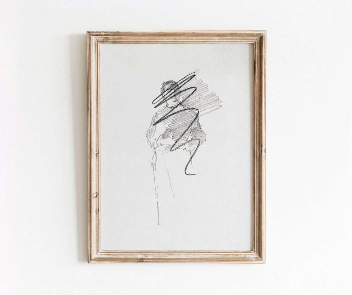 Scribbled Figure Abstract Minimal Line Drawing Seated Sketch Wall Art