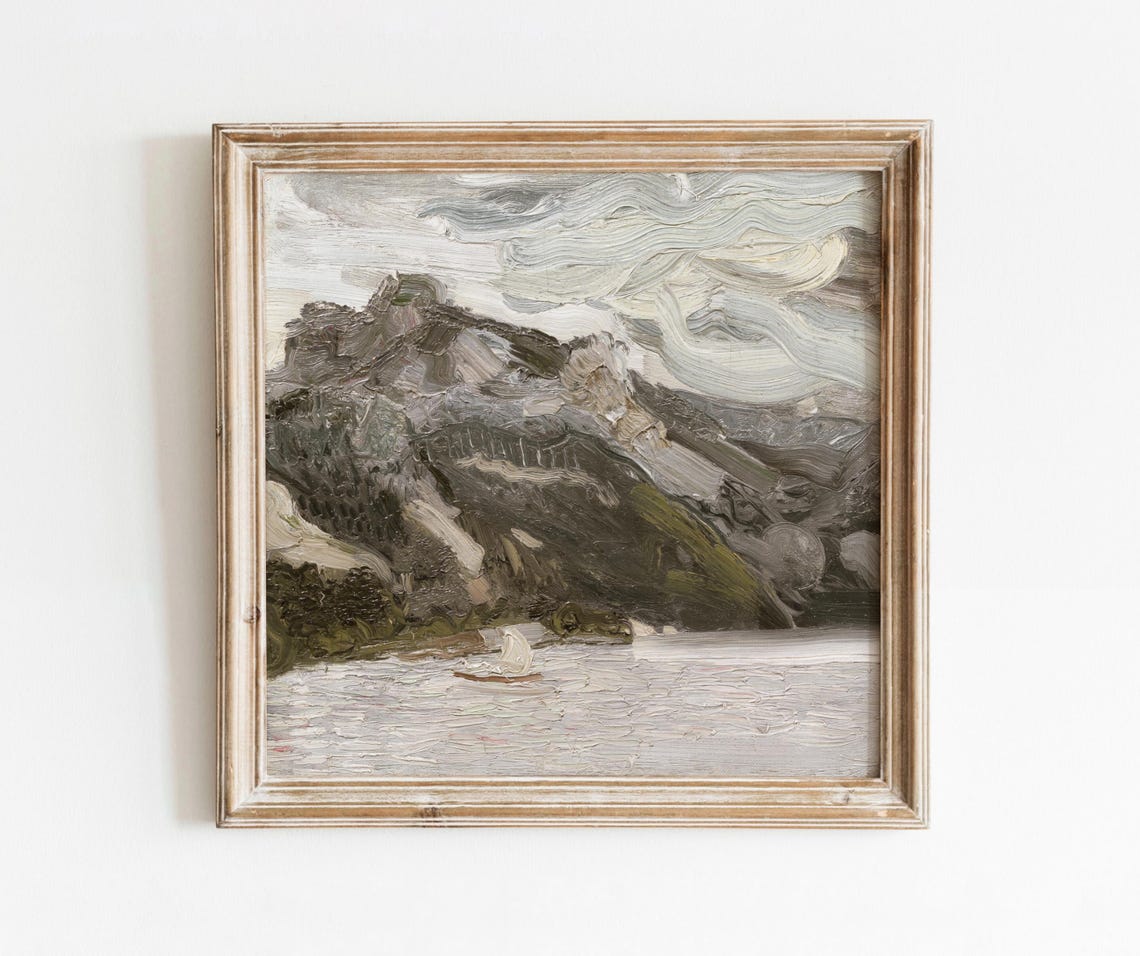 Textured Impasto Mountain Lake Sailboat Steep Cliffs Grey Sky Poster - Image 4