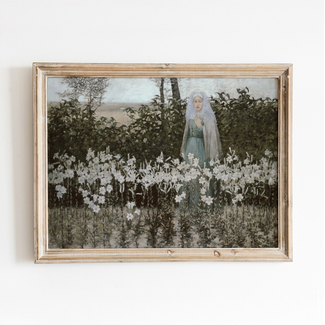Haloed Woman Standing Among White Lilies In A Quiet Garden Art Print