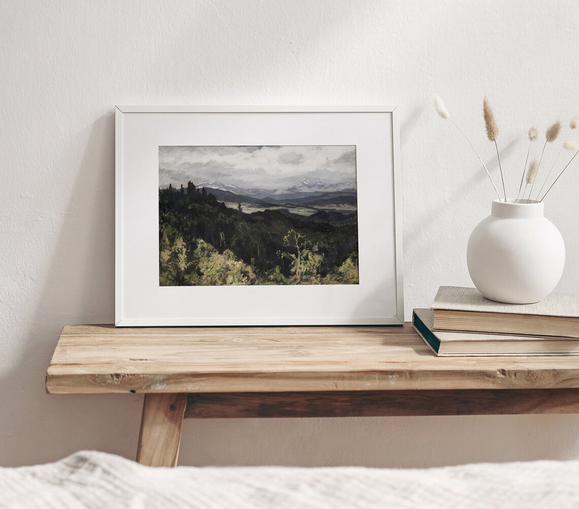 Foothills Landscape Vintage Mountain Nature Painting Dark Valley Art 599 - Image 3