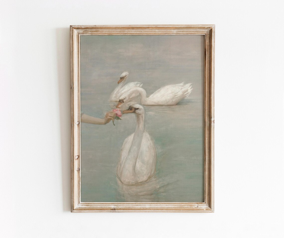Swans Flowers Vintage Waterscape Art Print