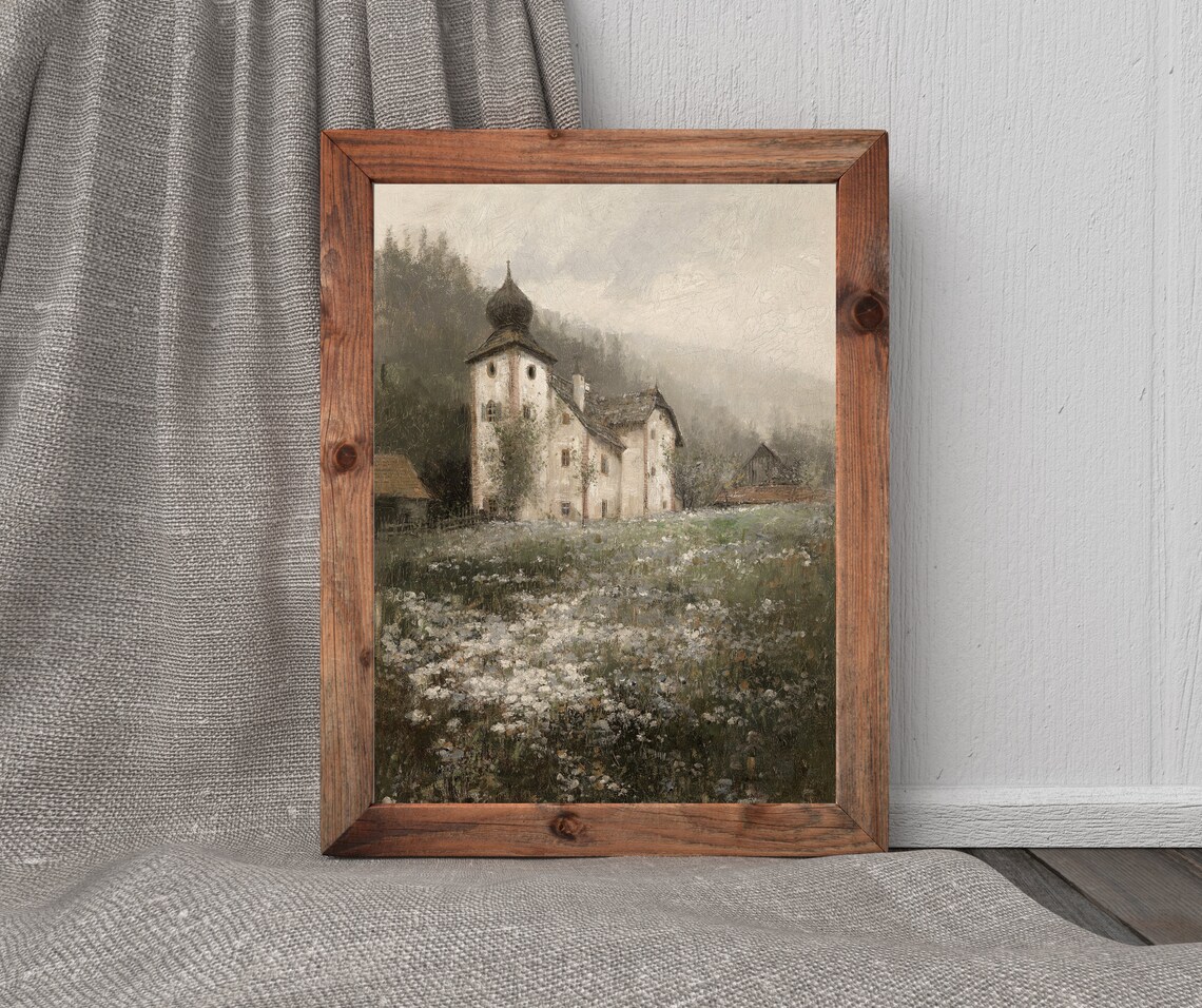 Church On The Hill Vintage Village Landscape Art Print - Image 4